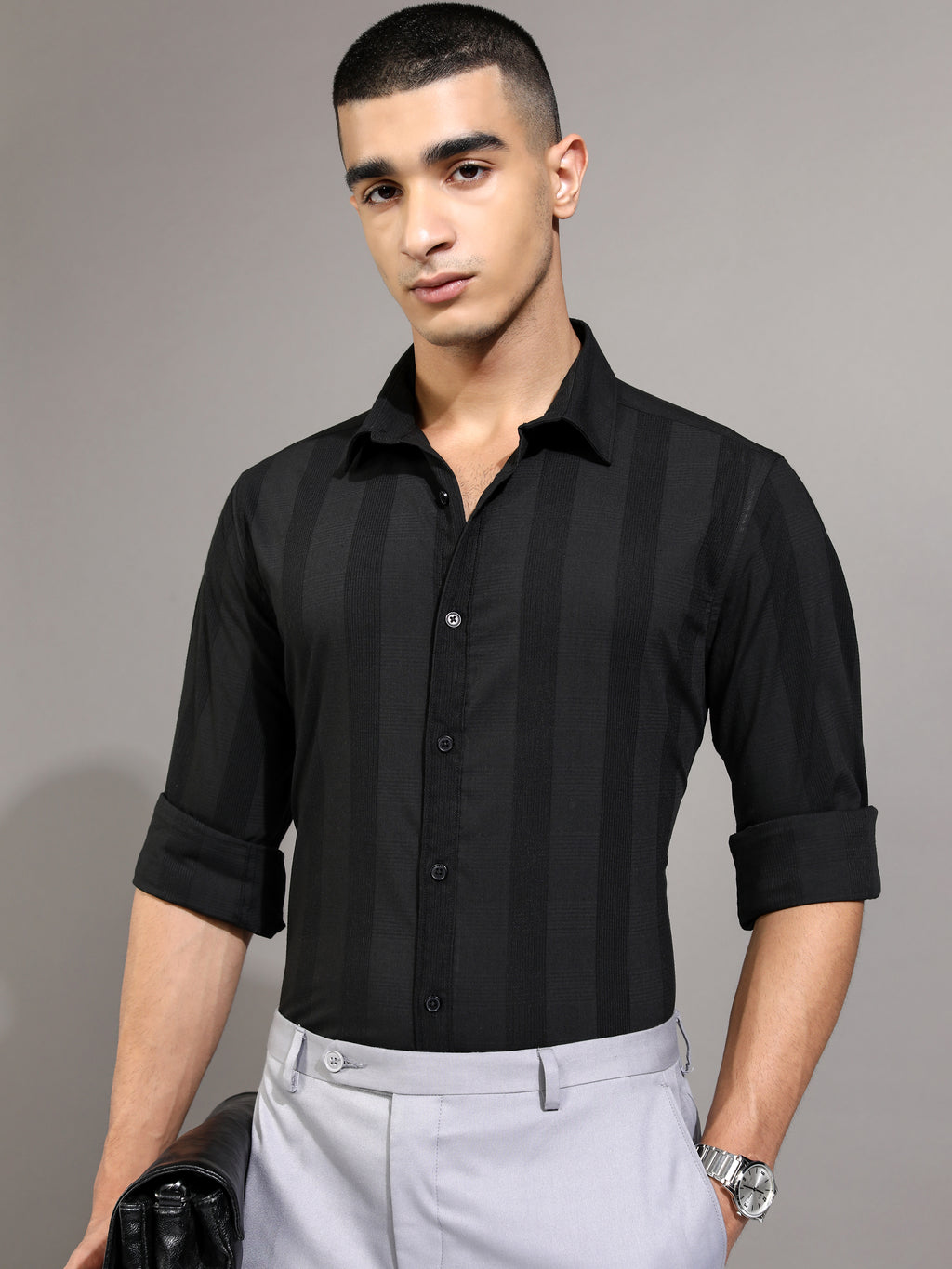 Highlander Men Black Striped Slim Fit Casual Shirt - Black - Image 4