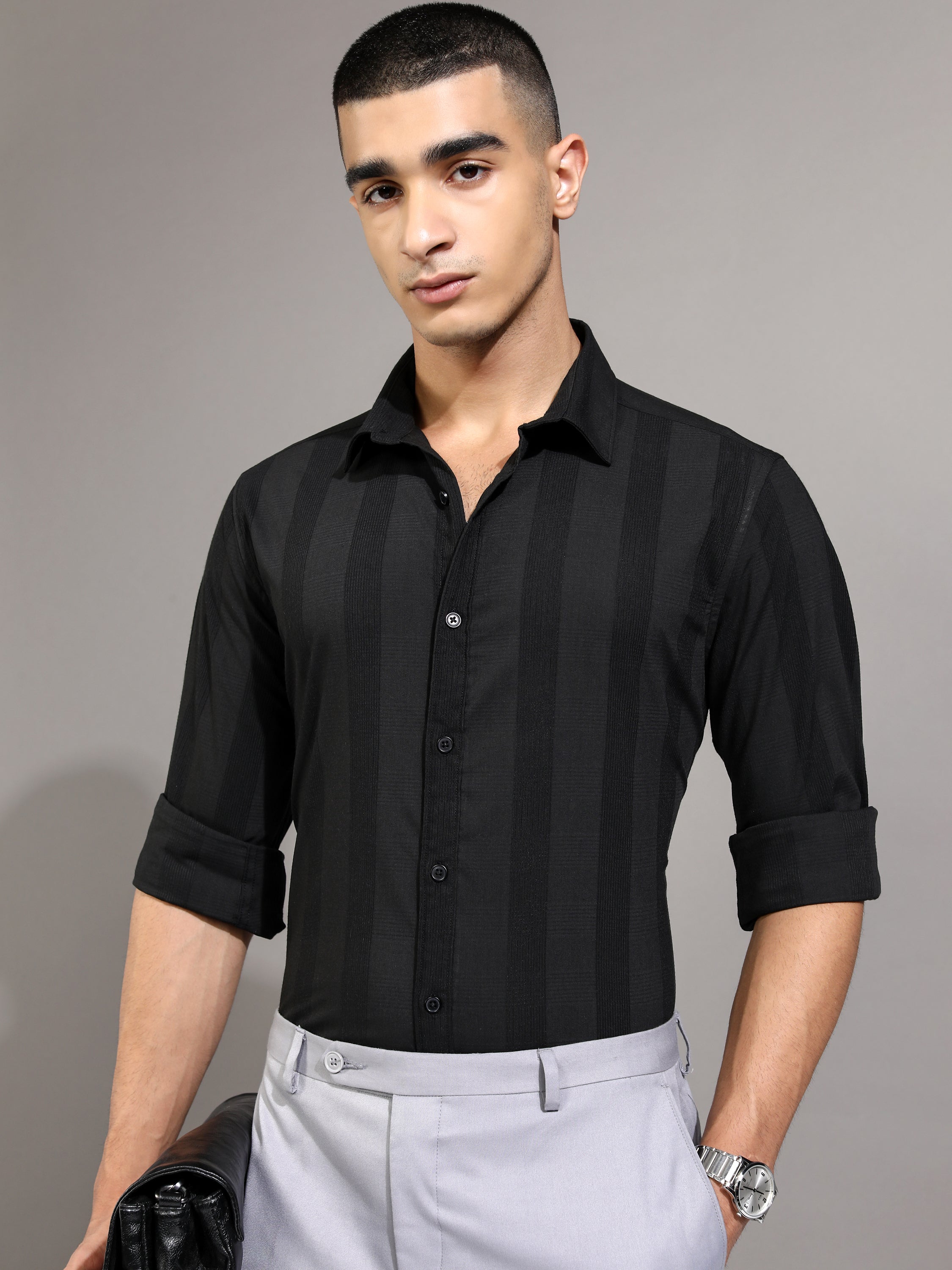 Highlander Men Black Striped Slim Fit Casual Shirt - Black - Image 4