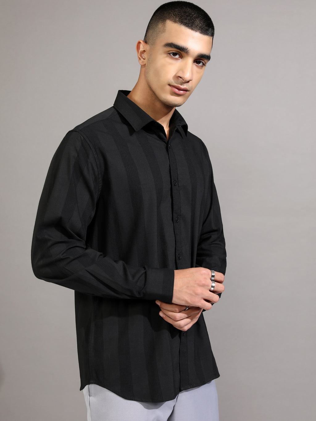 Highlander Men Black Striped Slim Fit Casual Shirt - Black - Image 6