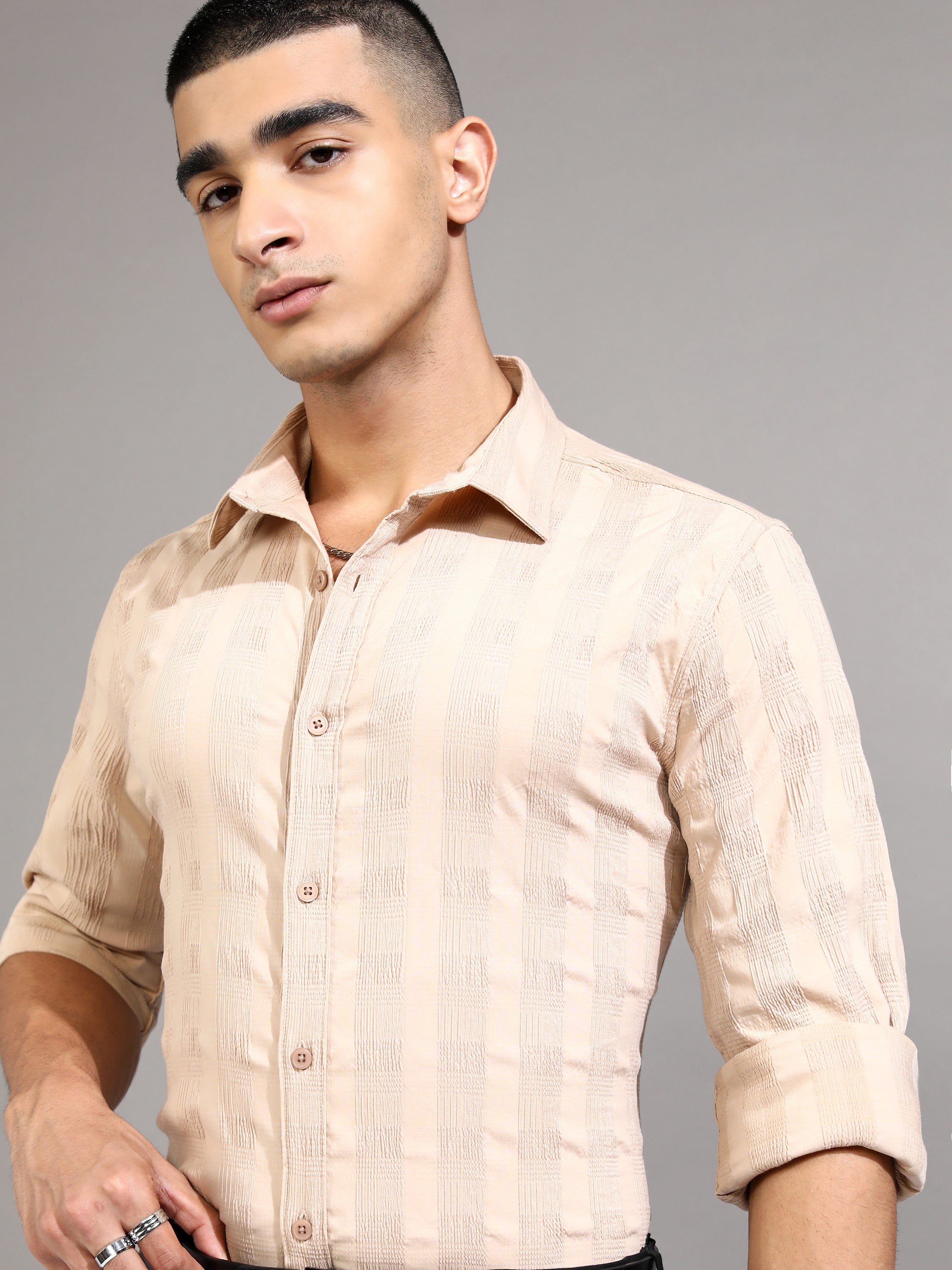 Highlander Men Beige Checked Slim Fit Casual Shirt - Beige - Image 1