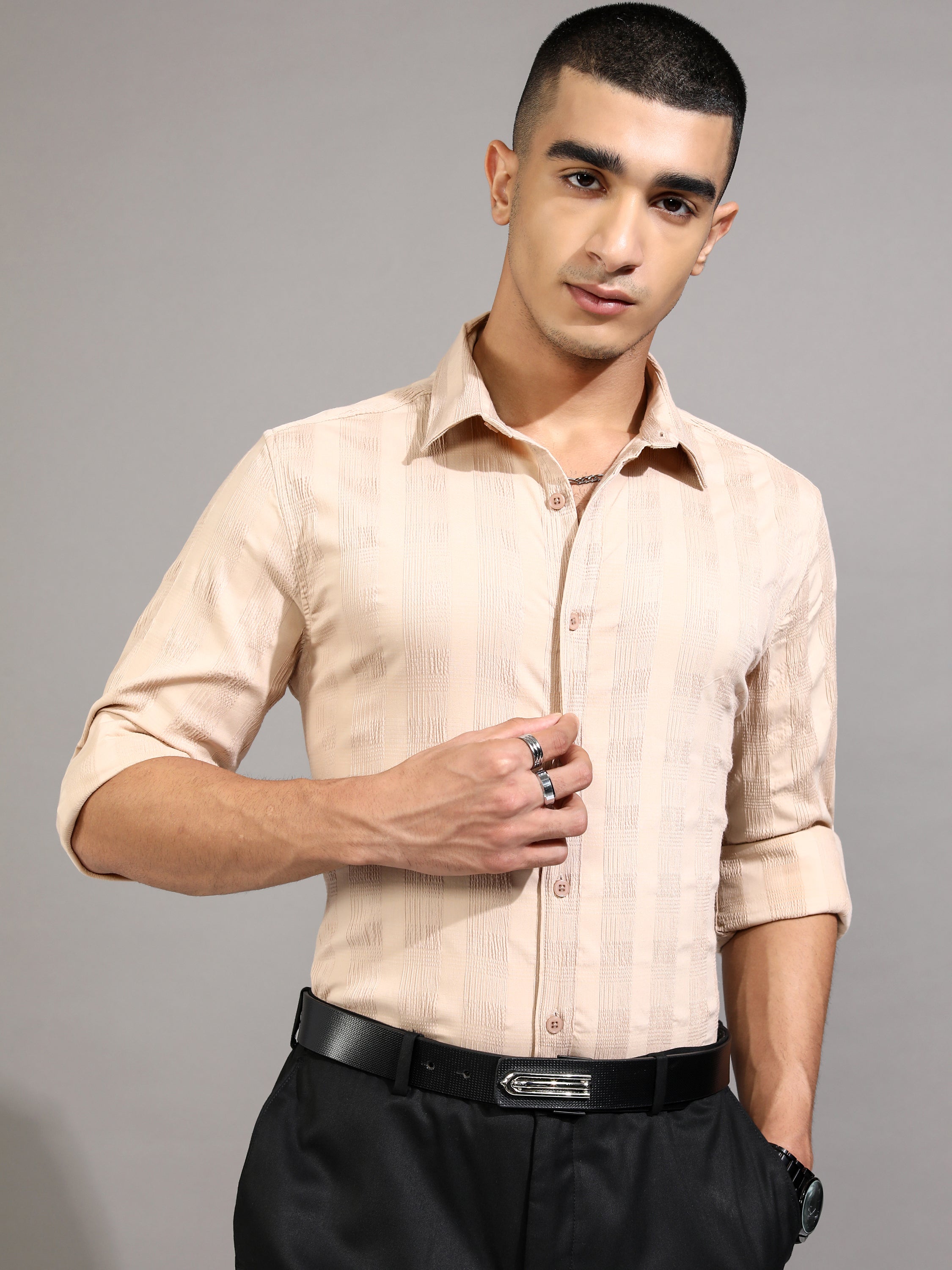 Highlander Men Beige Checked Slim Fit Casual Shirt - Beige - Image 4