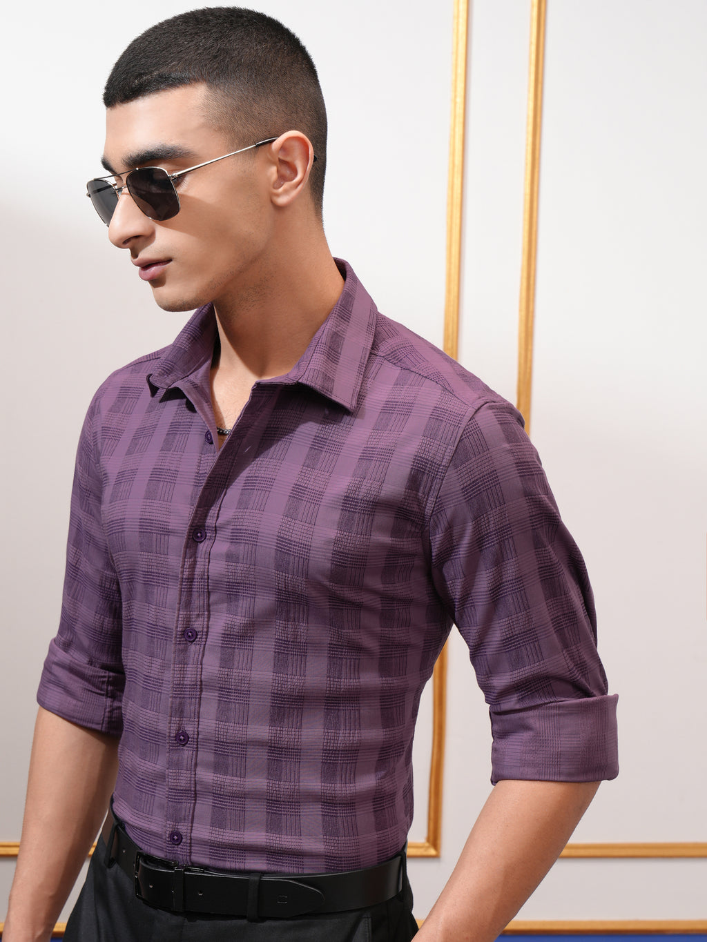 Highlander Men Purple Self Design Slim Fit Casual Shirt - Purple - Image 4