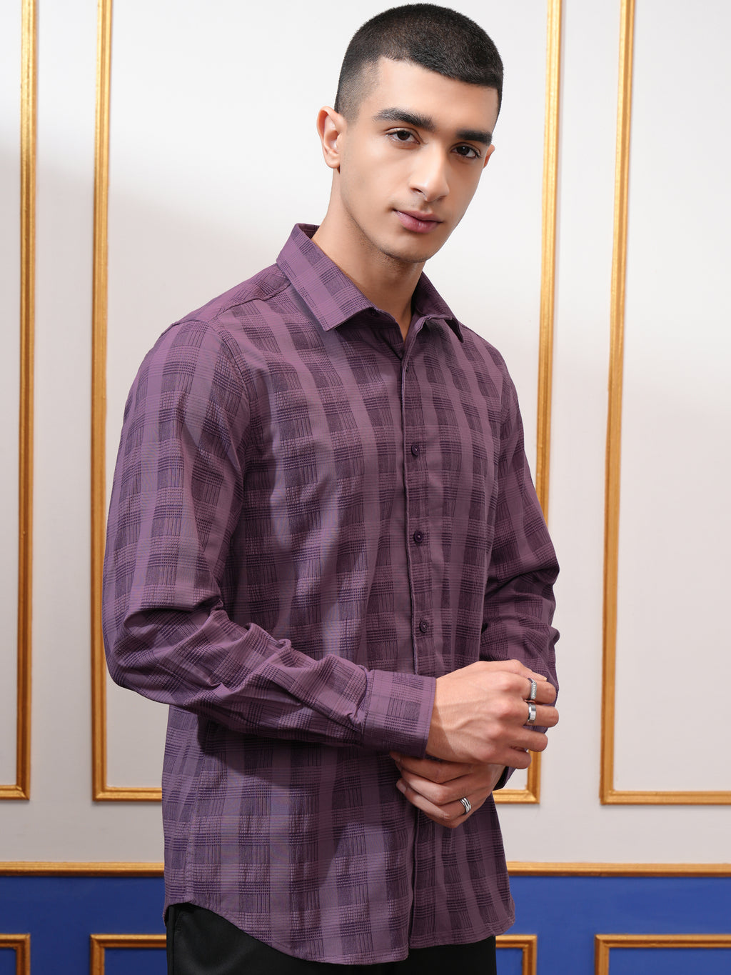 Highlander Men Purple Self Design Slim Fit Casual Shirt - Purple - Image 6