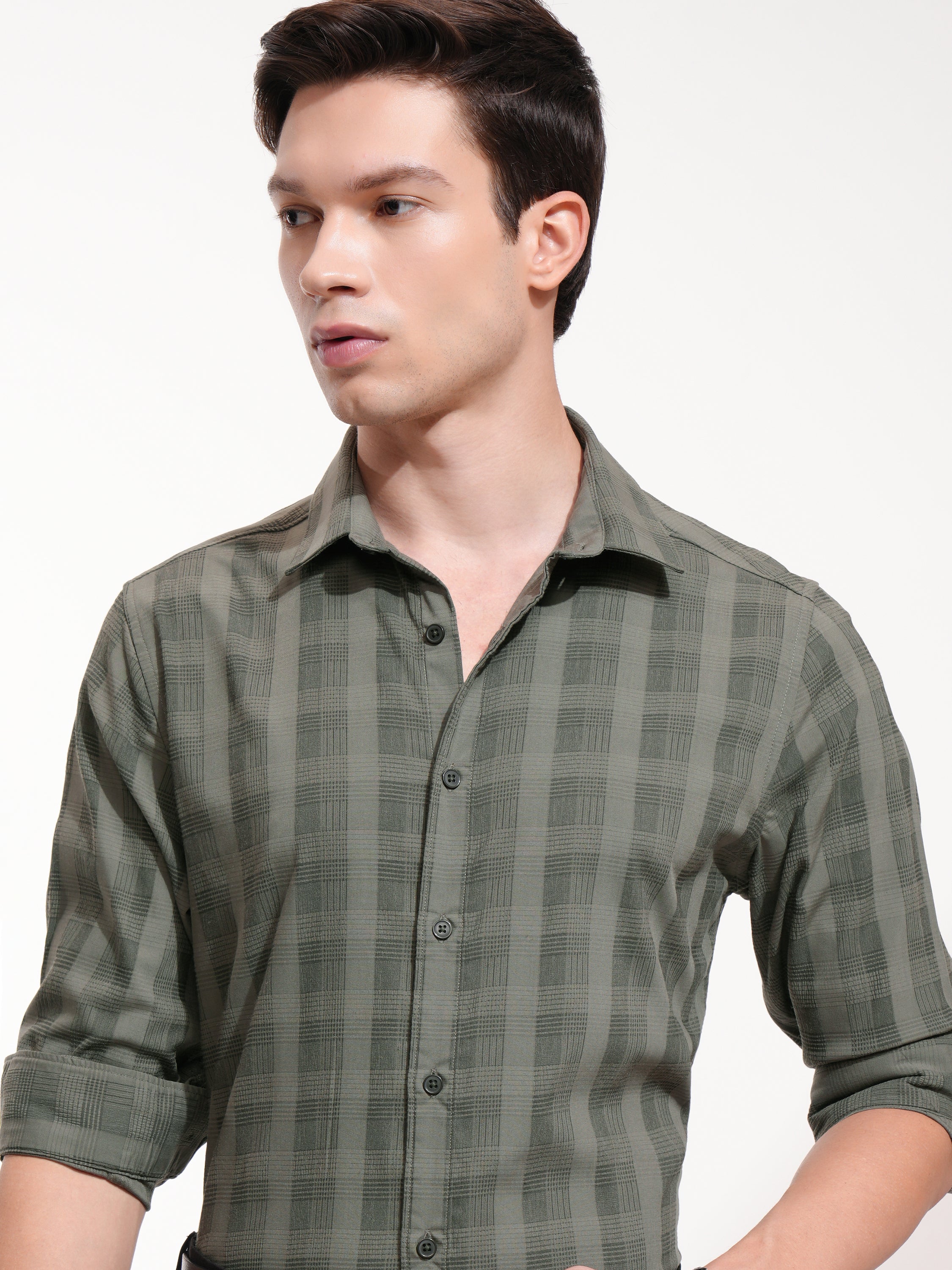 Highlander Men Olive Checked Slim Fit Casual Shirt - Olive - Image 1