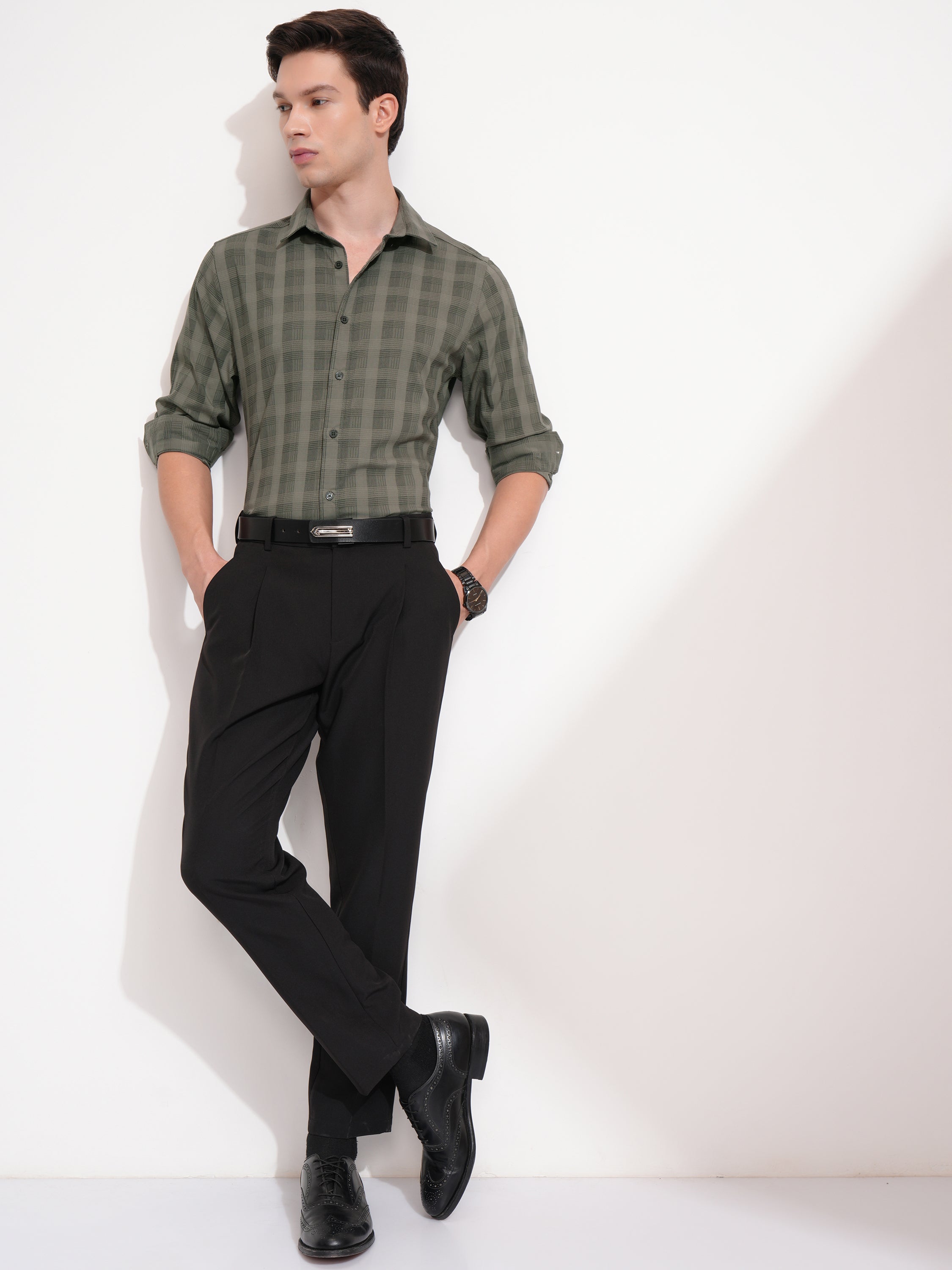 Highlander Men Olive Checked Slim Fit Casual Shirt - Olive - Image 2
