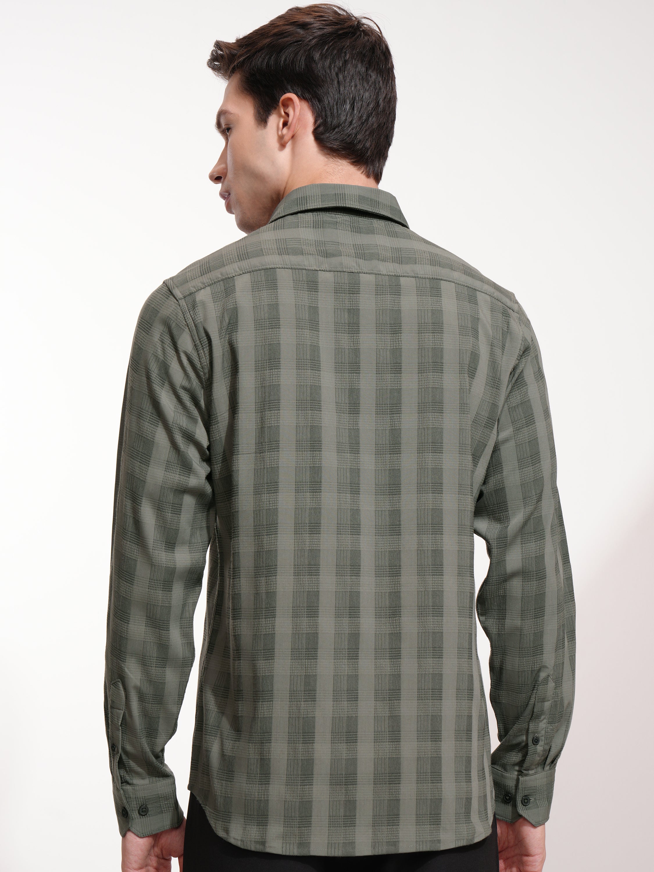 Highlander Men Olive Checked Slim Fit Casual Shirt - Olive - Image 3
