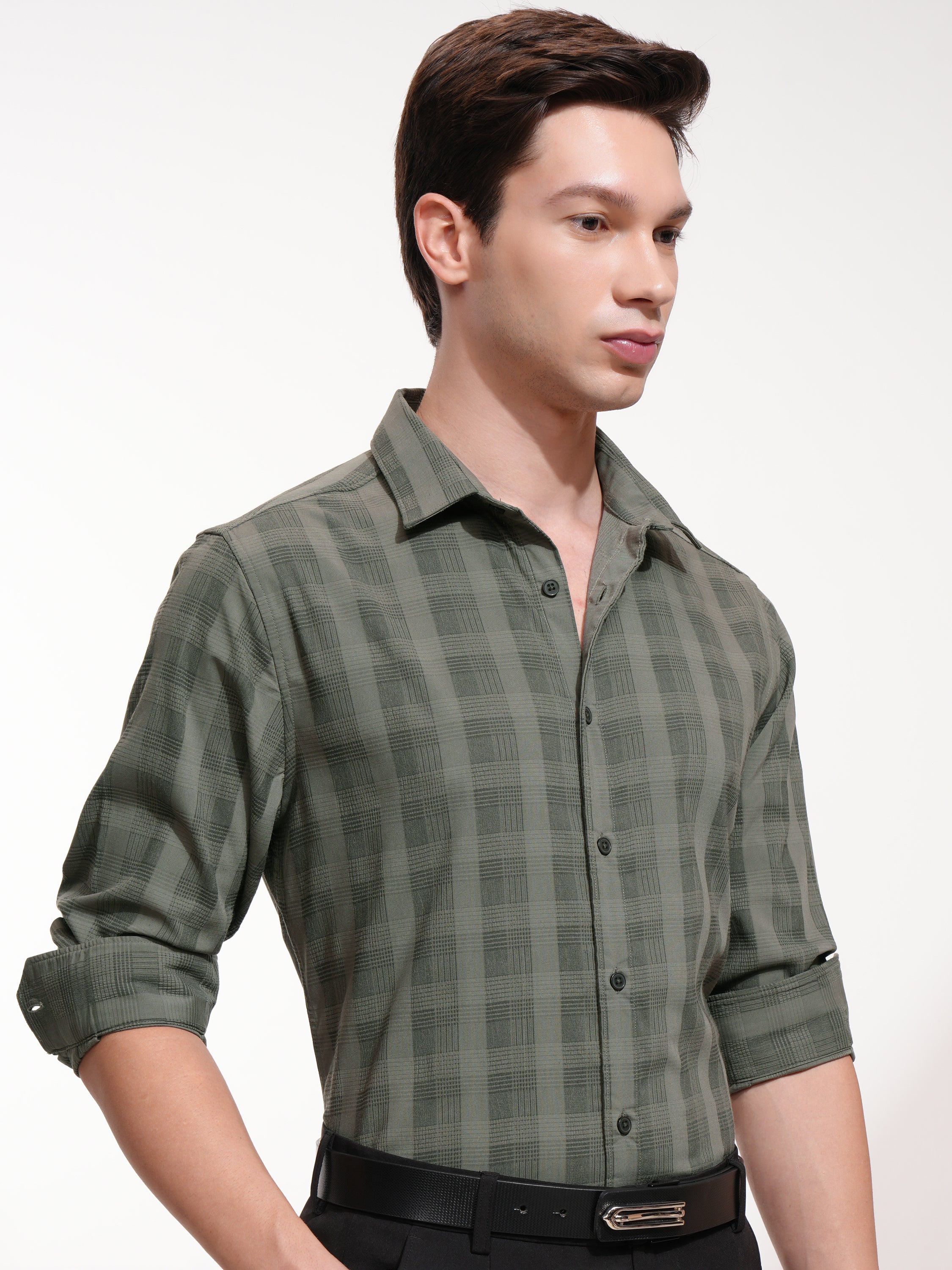 Highlander Men Olive Checked Slim Fit Casual Shirt - Olive - Image 6