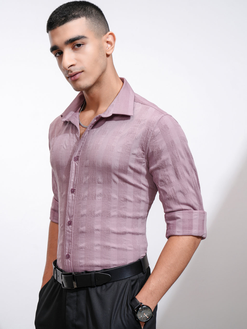 Highlander Men Mauve Self Design Slim Fit Casual Shirt - Mauve - Image 4