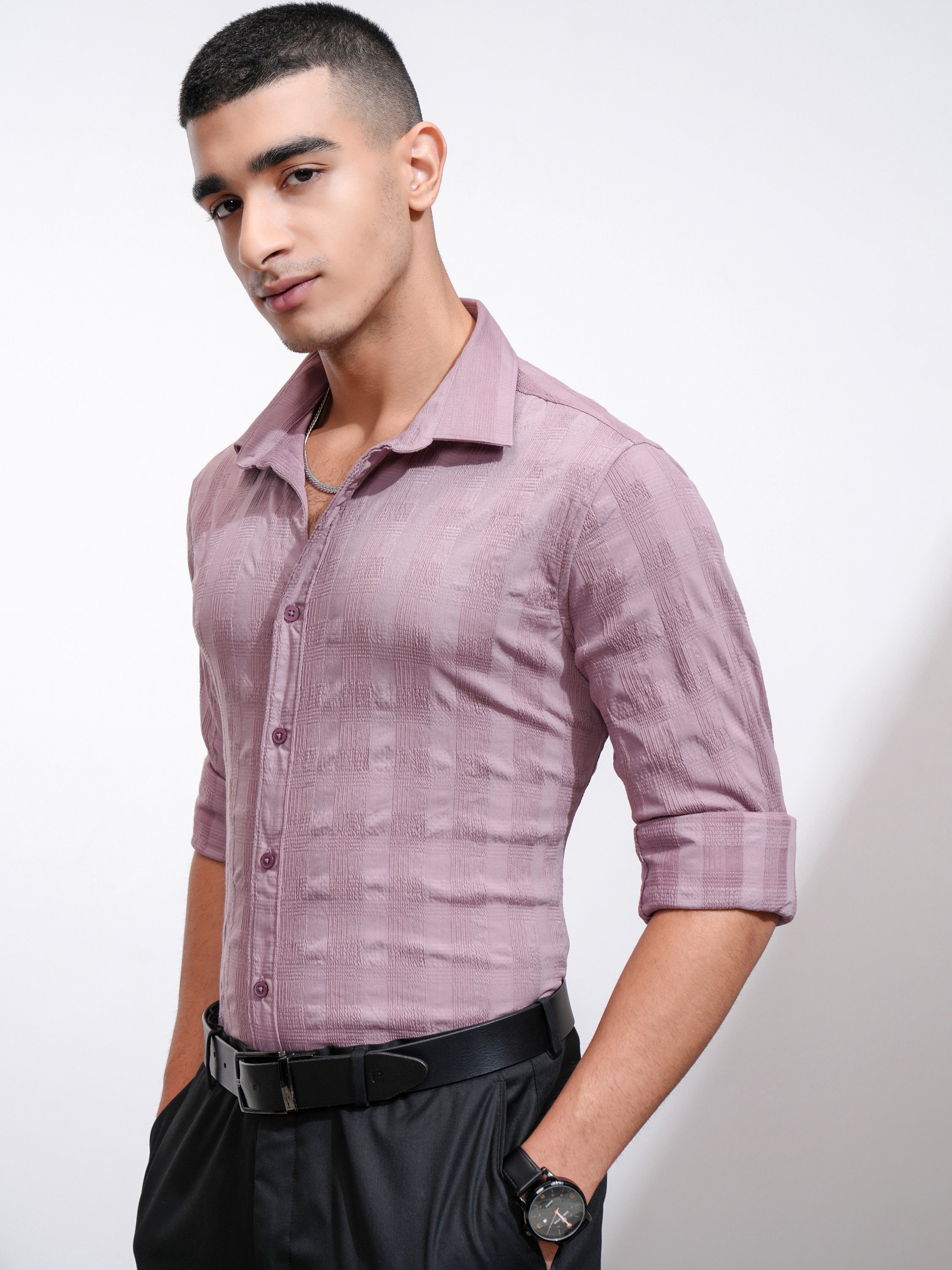 Highlander Men Mauve Self Design Slim Fit Casual Shirt - Mauve - Image 4
