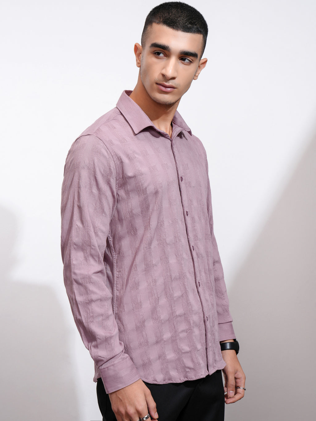 Highlander Men Mauve Self Design Slim Fit Casual Shirt - Mauve - Image 6