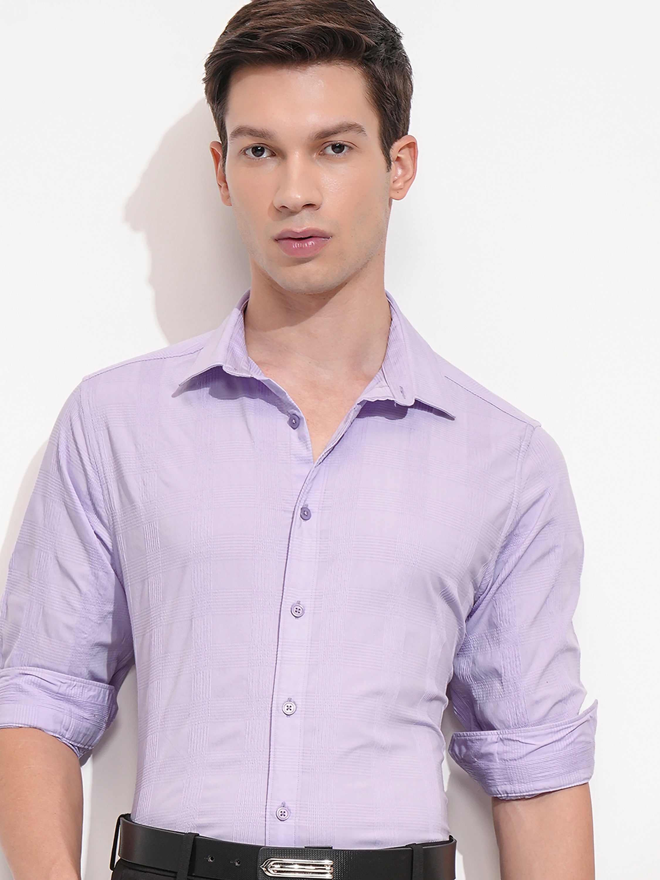 Highlander Men Lavender Checked Slim Fit Casual Shirt - Lavender - Image 1