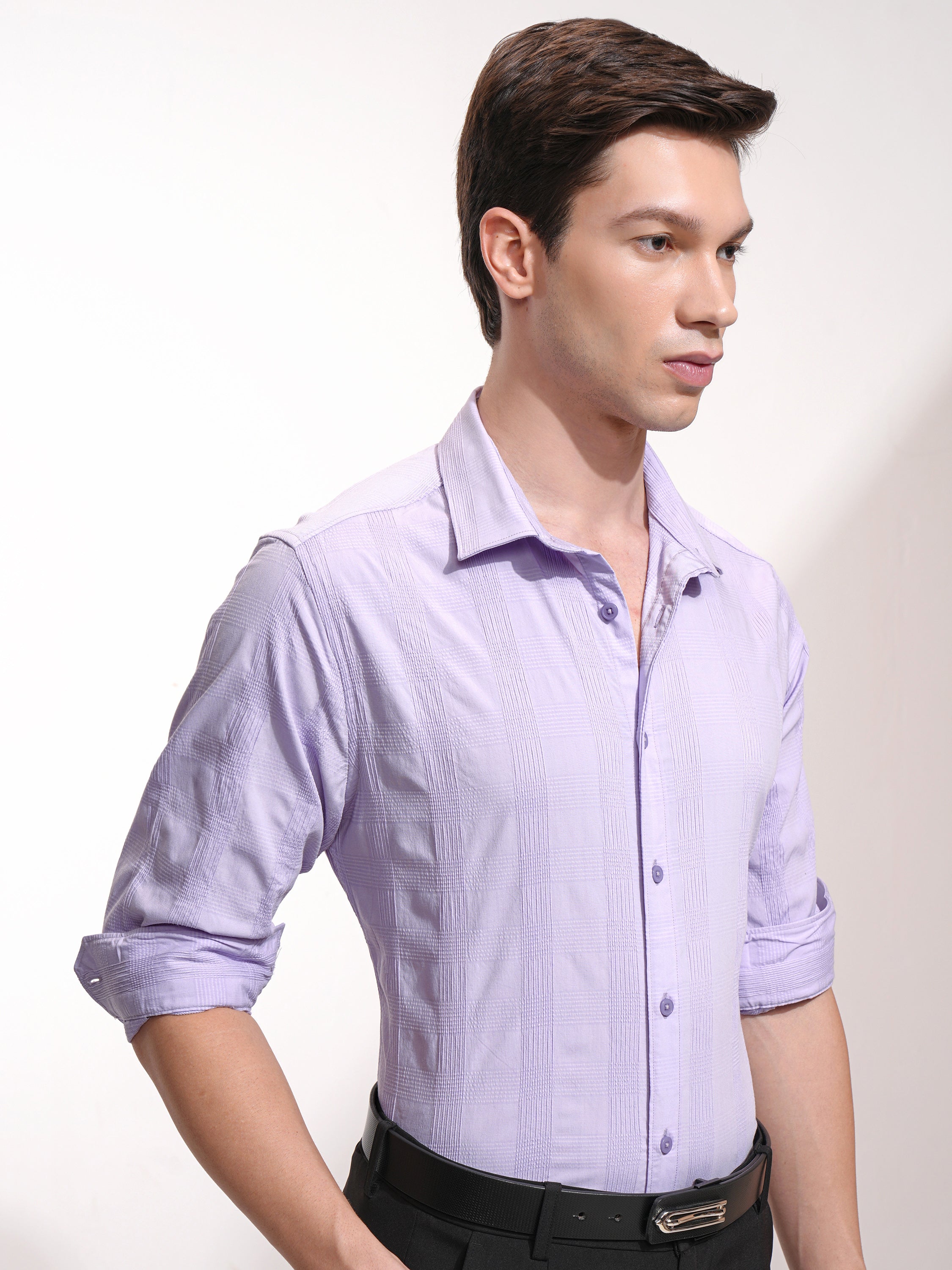 Highlander Men Lavender Checked Slim Fit Casual Shirt - Lavender - Image 6