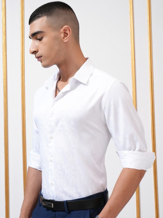 Highlander Men White Textured Slim Fit Casual Shirt - White - Image 4