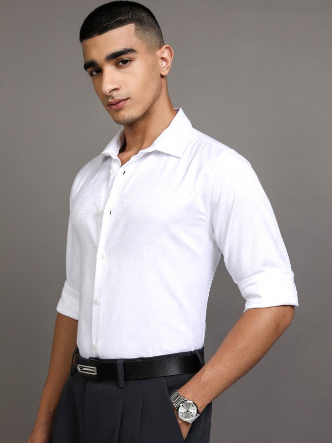 Highlander Men White Textured Slim Fit Casual Shirt - White - Image 4