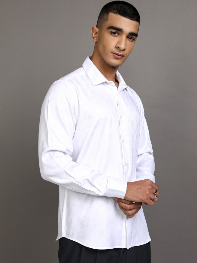 Highlander Men White Textured Slim Fit Casual Shirt - White - Image 6