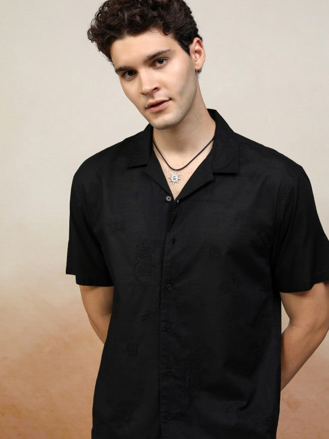 Highlander Men Black Textured Relaxed Fit Casual Shirt - Black - Image 1