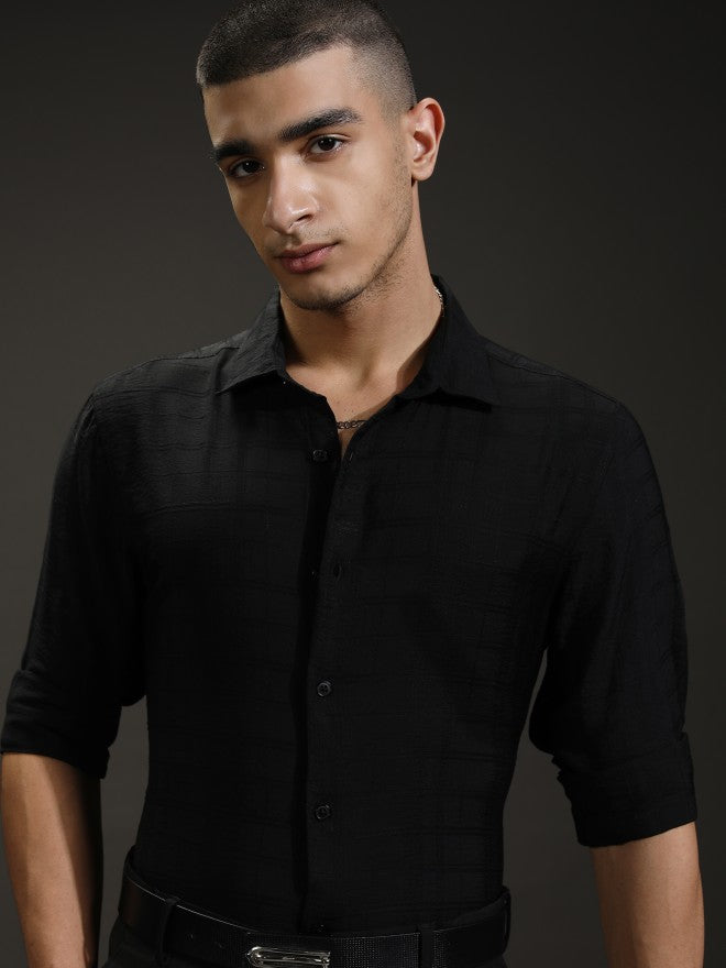 Highlander Men Black Textured Relaxed Fit Casual Shirt - Black - Image 1