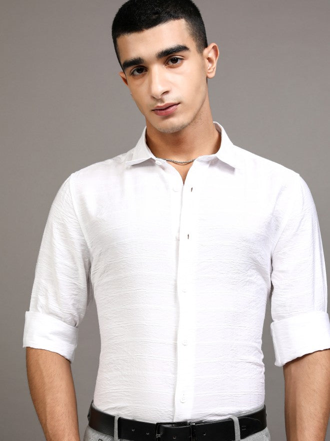 Highlander Men White Textured Slim Fit Casual Shirt - White - Image 1