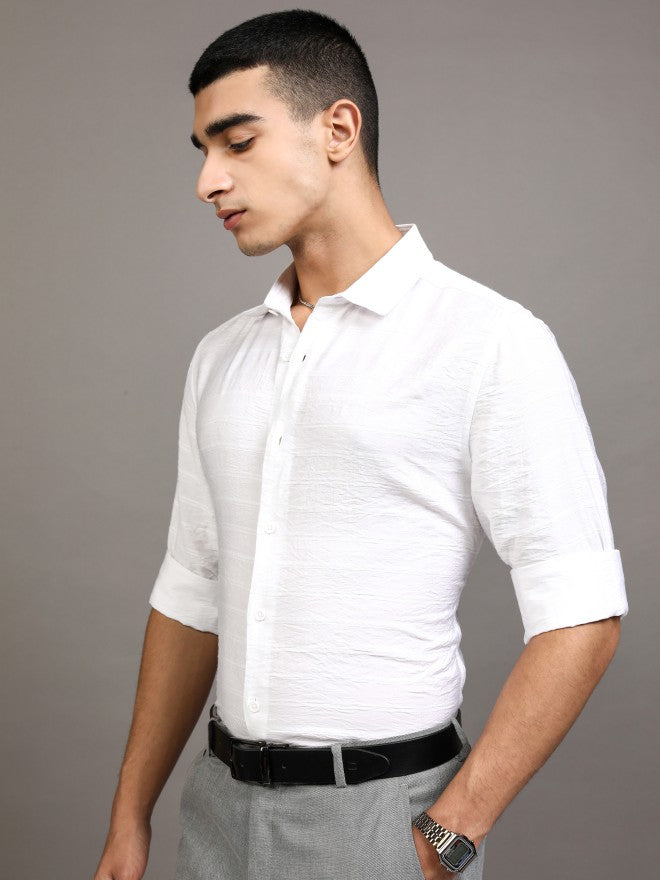 Highlander Men White Textured Slim Fit Casual Shirt - White - Image 4