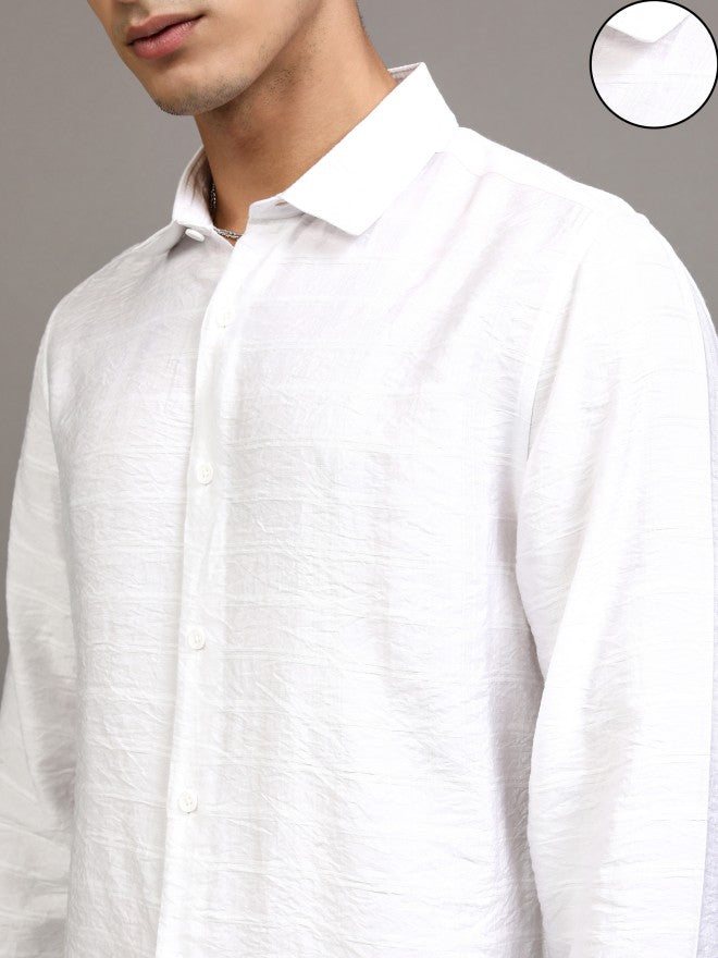 Highlander Men White Textured Slim Fit Casual Shirt - White - Image 5