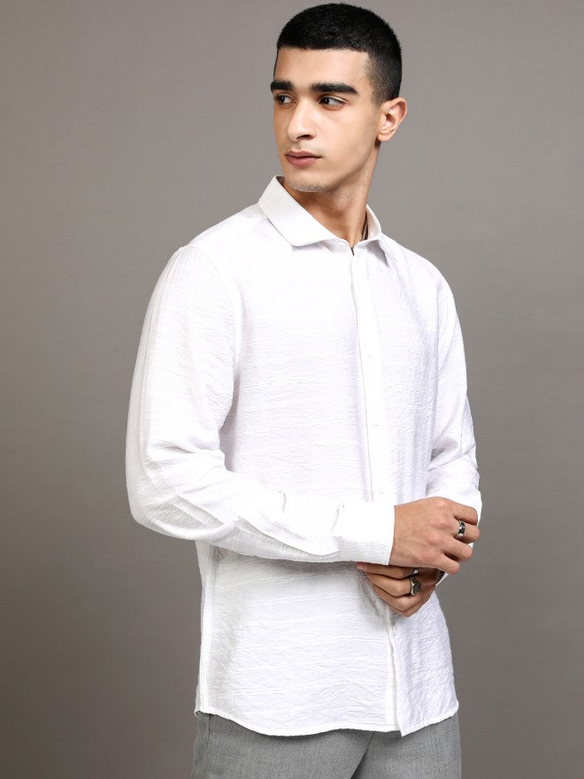 Highlander Men White Textured Slim Fit Casual Shirt - White - Image 6