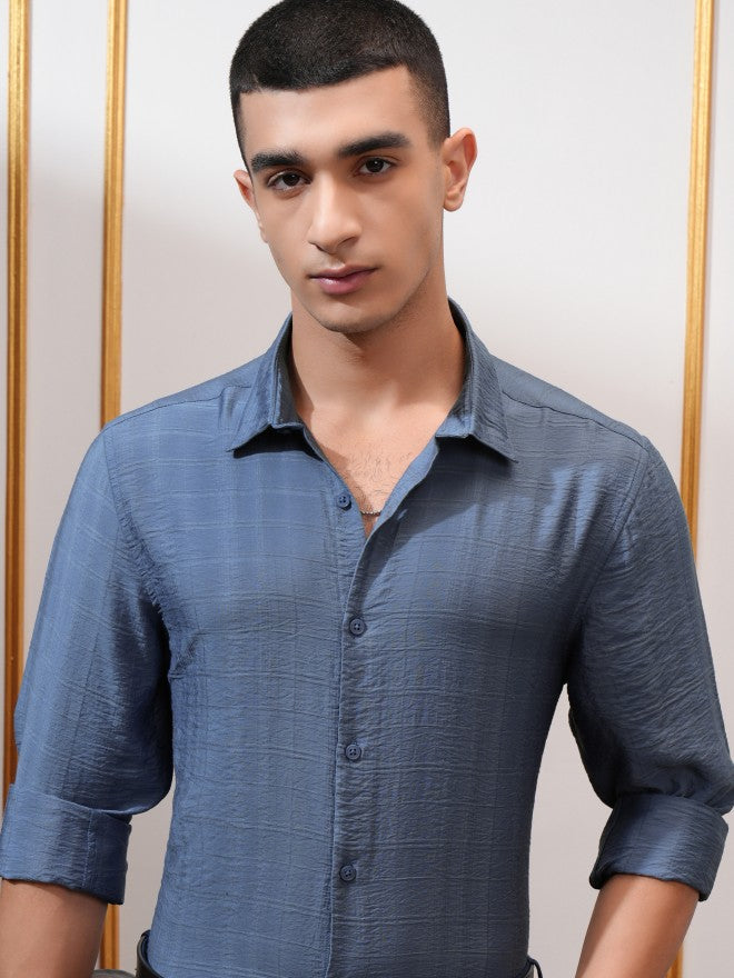 Highlander Men Blue Textured Slim Fit Casual Shirt - Blue - Image 1