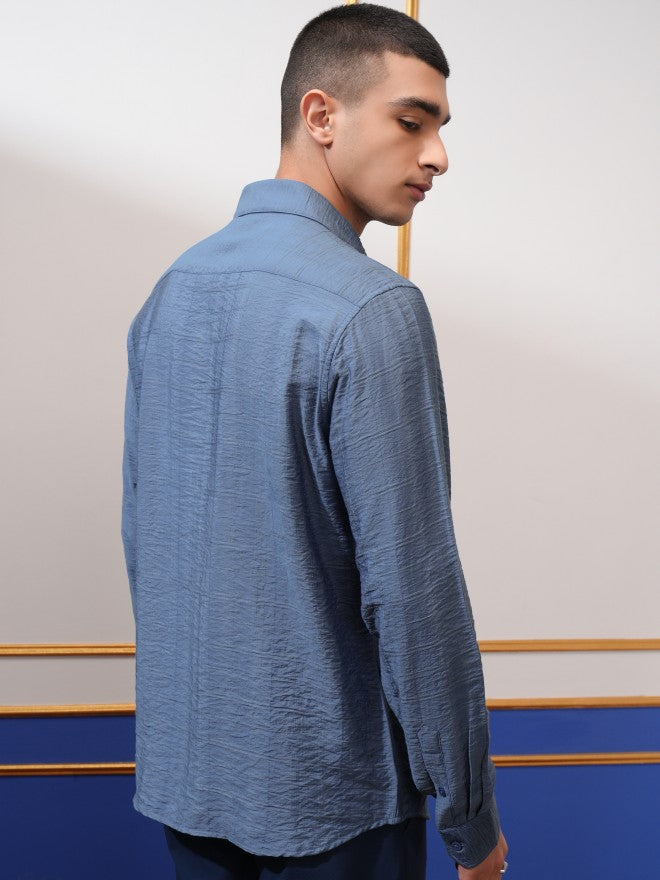 Highlander Men Blue Textured Slim Fit Casual Shirt - Blue - Image 3