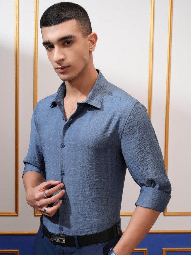 Highlander Men Blue Textured Slim Fit Casual Shirt - Blue - Image 4