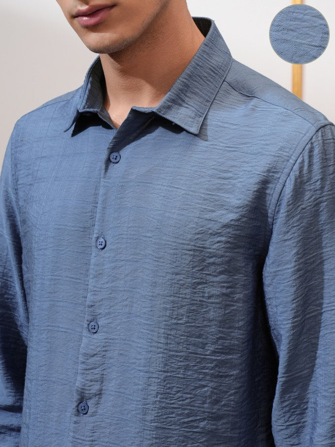 Highlander Men Blue Textured Slim Fit Casual Shirt - Blue - Image 5
