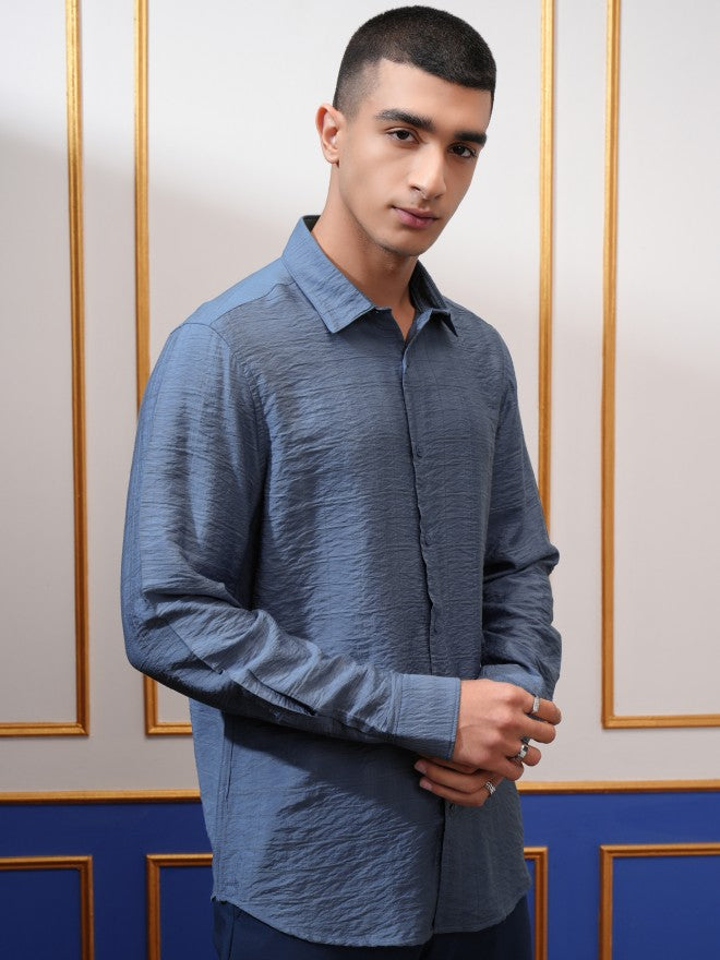 Highlander Men Blue Textured Slim Fit Casual Shirt - Blue - Image 6