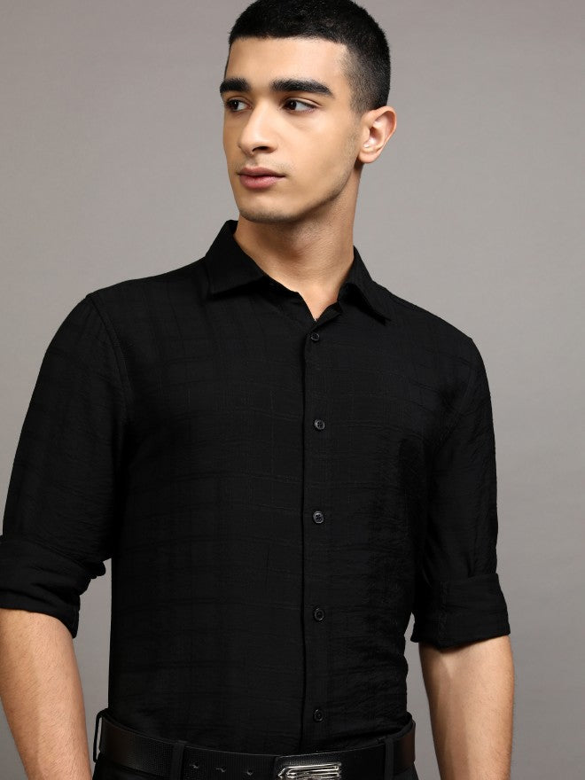 Highlander Men Black Textured Regular Fit Casual Shirt - Black - Image 1