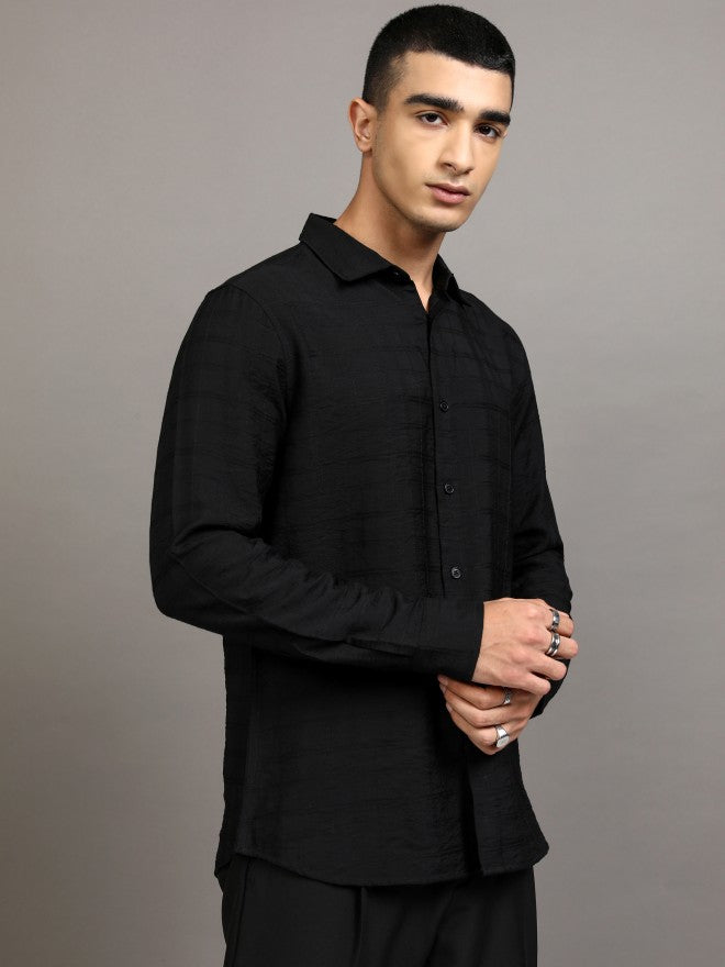 Highlander Men Black Textured Regular Fit Casual Shirt - Black - Image 6
