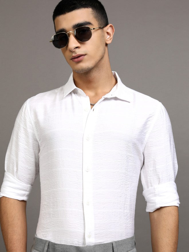 Highlander Men White Textured Regular Fit Casual Shirt - White - Image 1