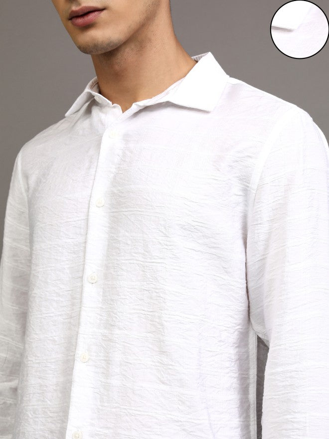 Highlander Men White Textured Regular Fit Casual Shirt - White - Image 5