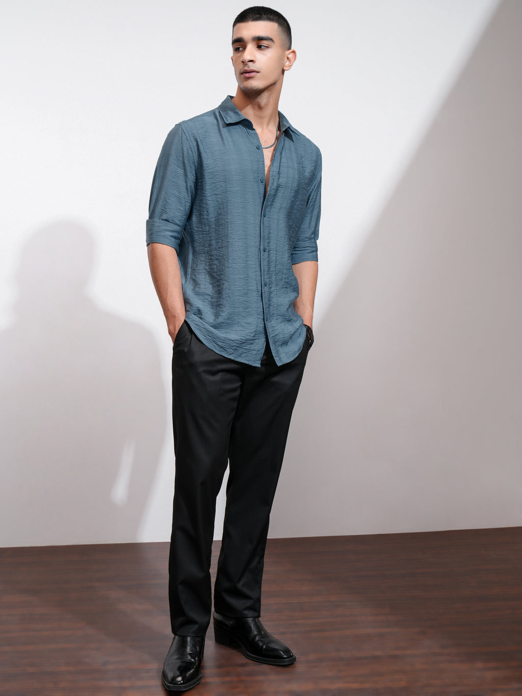 Highlander Men Blue Self Design Regular Fit Casual Shirt - Blue - Image 2