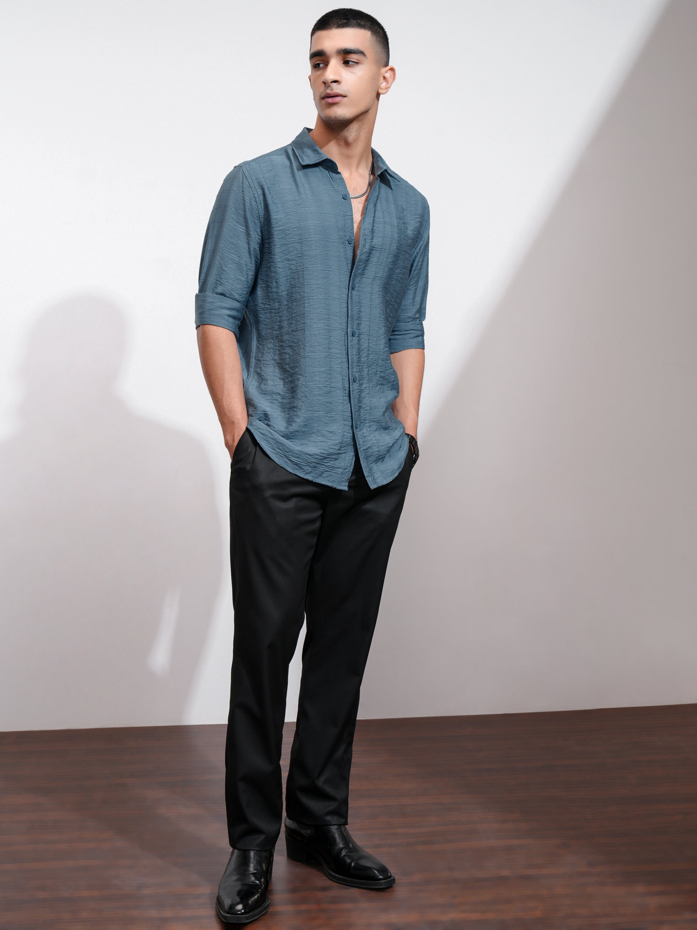 Highlander Men Blue Self Design Regular Fit Casual Shirt - Blue - Image 2