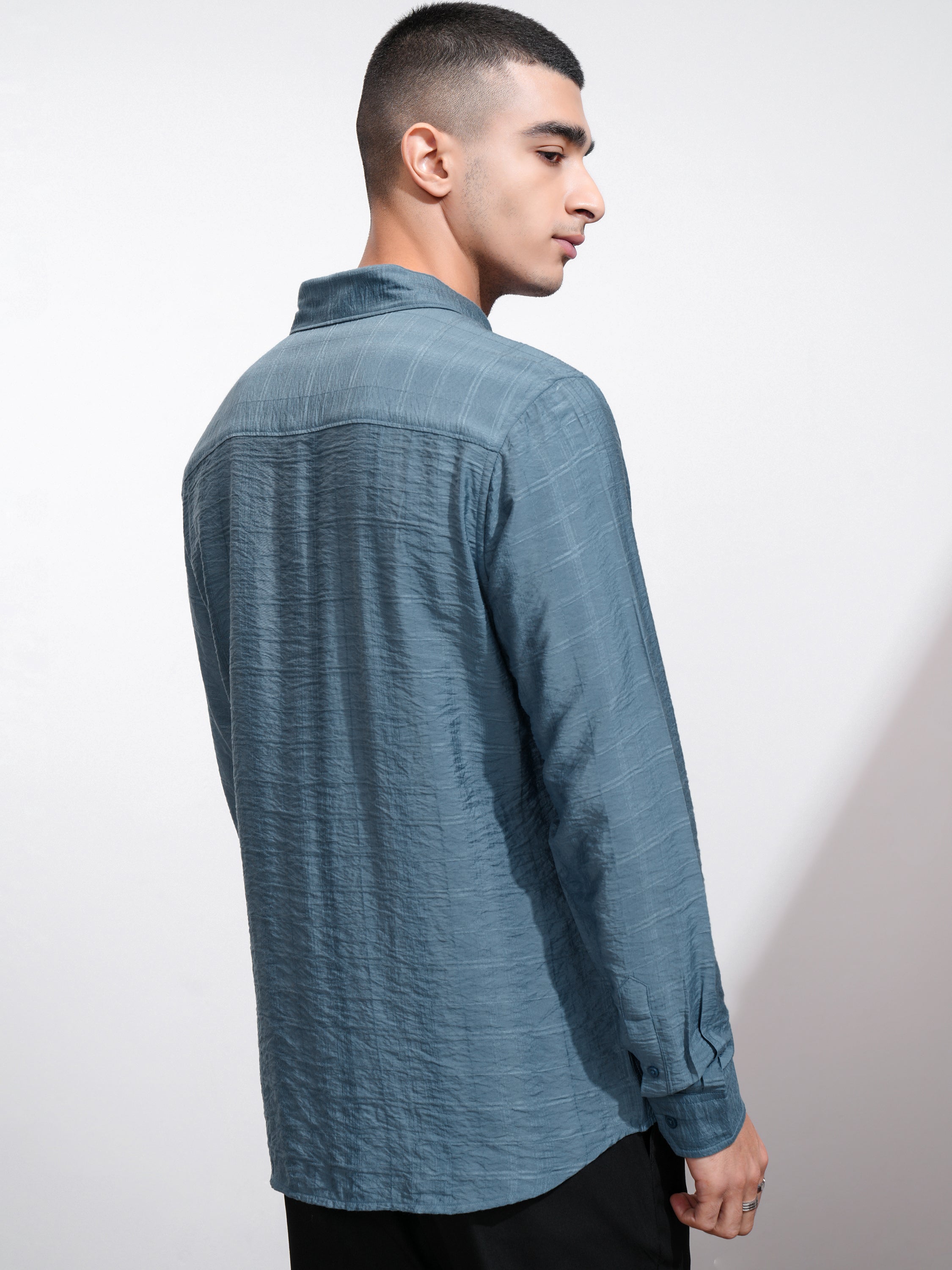 Highlander Men Blue Self Design Regular Fit Casual Shirt - Blue - Image 3
