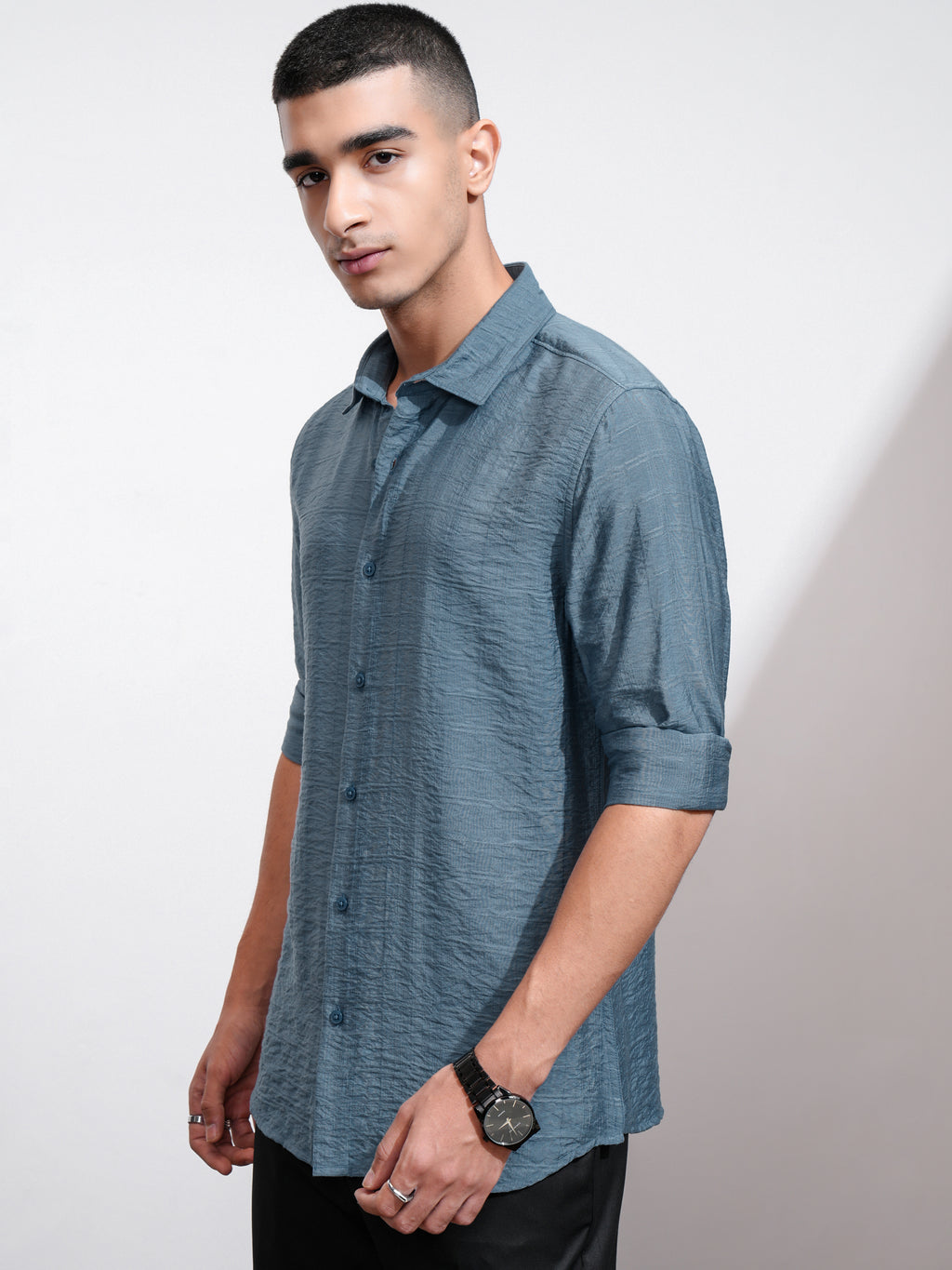 Highlander Men Blue Self Design Regular Fit Casual Shirt - Blue - Image 4