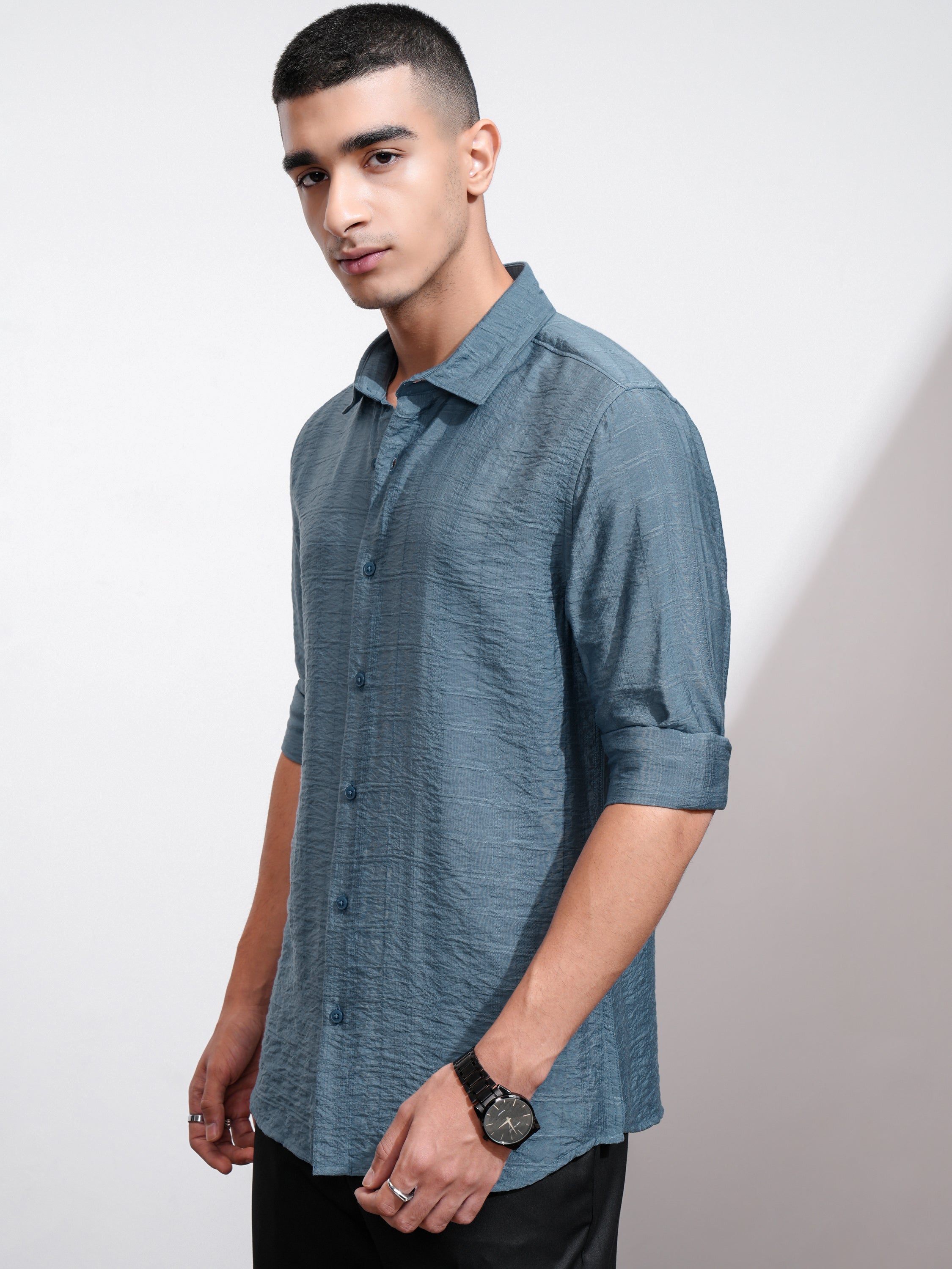 Highlander Men Blue Self Design Regular Fit Casual Shirt - Blue - Image 4