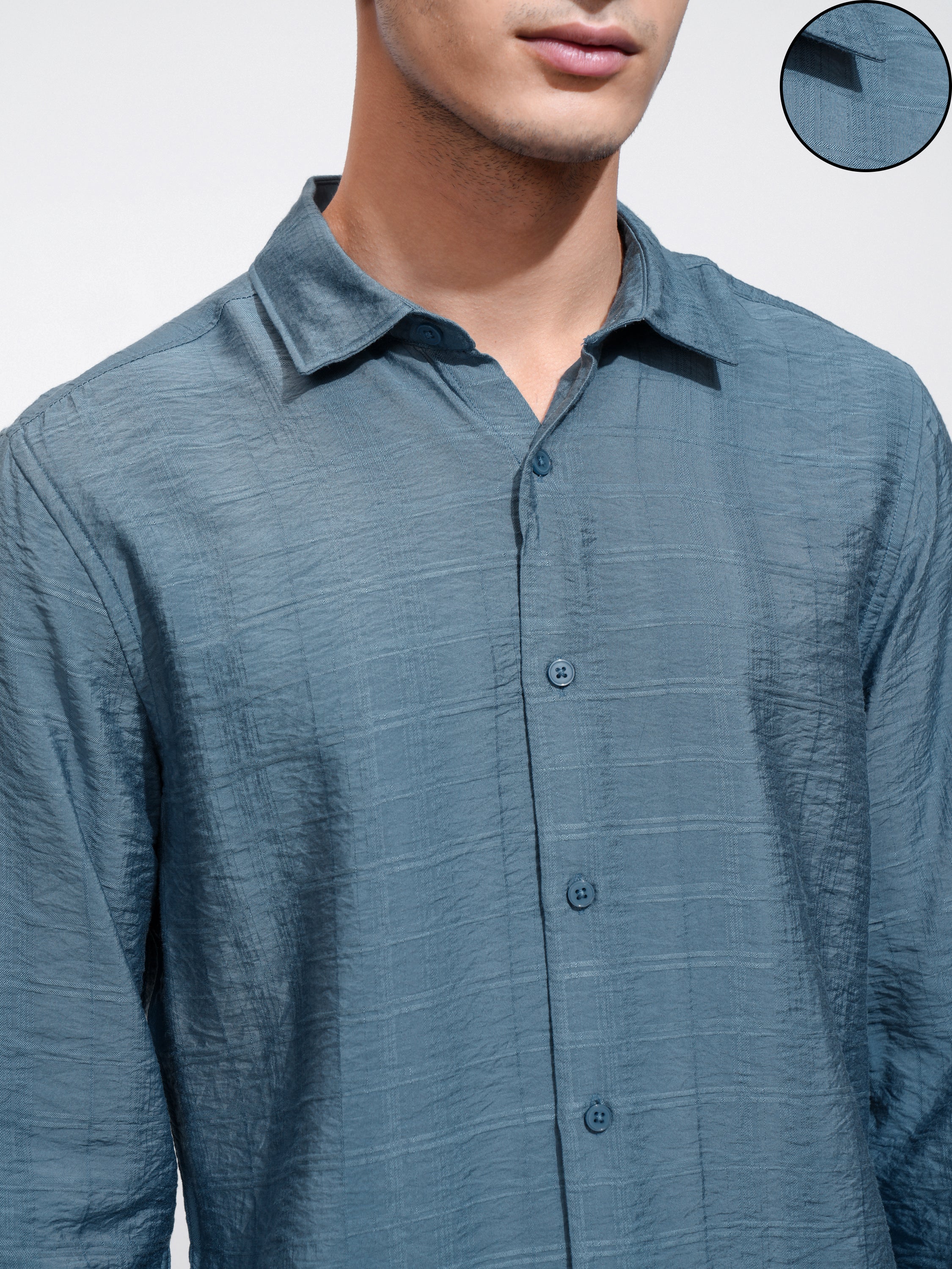 Highlander Men Blue Self Design Regular Fit Casual Shirt - Blue - Image 5