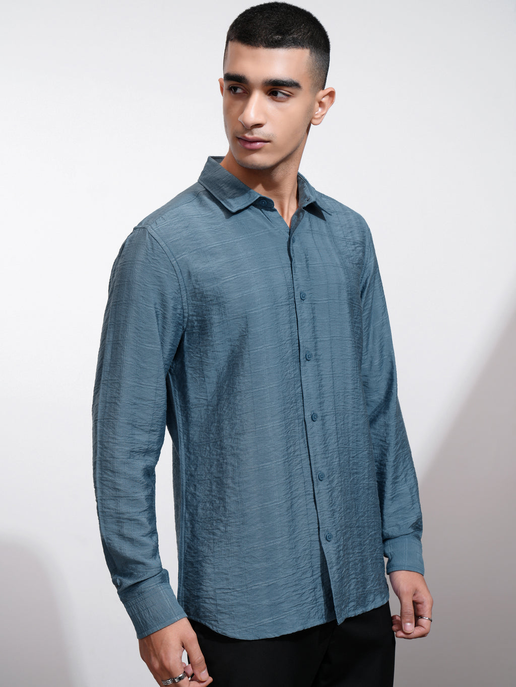 Highlander Men Blue Self Design Regular Fit Casual Shirt - Blue - Image 6
