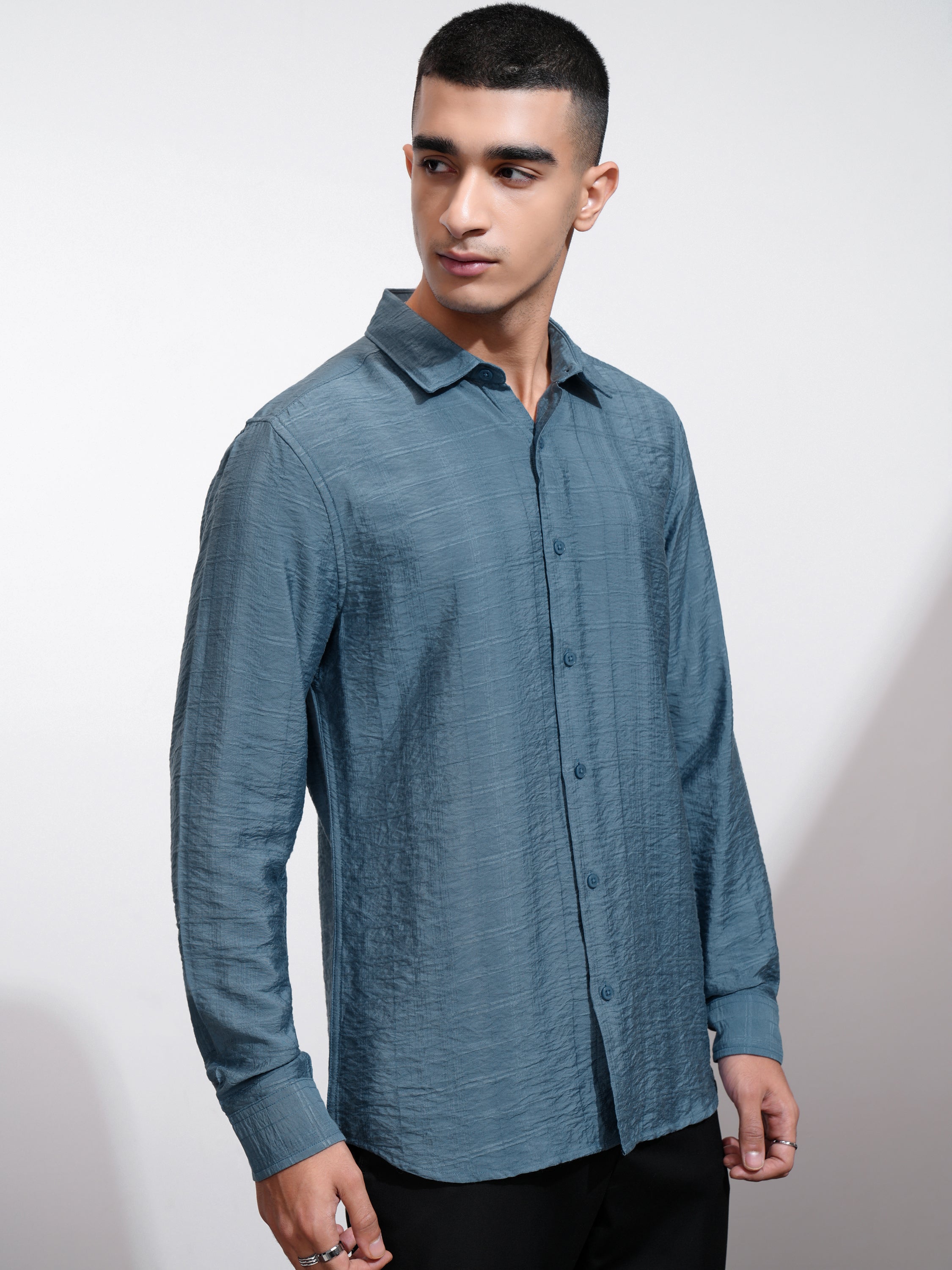 Highlander Men Blue Self Design Regular Fit Casual Shirt - Blue - Image 6