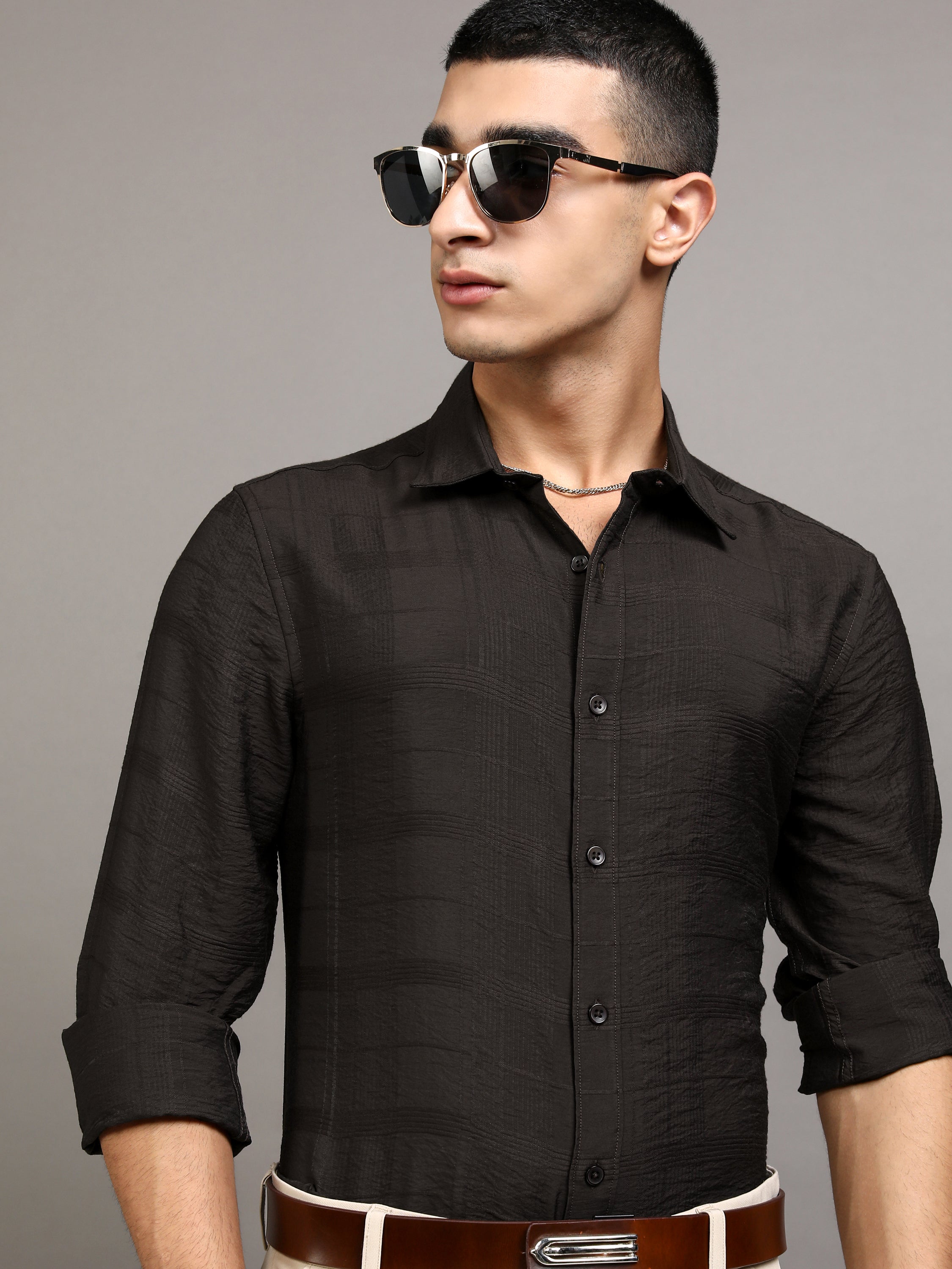 Highlander Men Brown Self Design Slim Fit Casual Shirt - Brown - Image 1