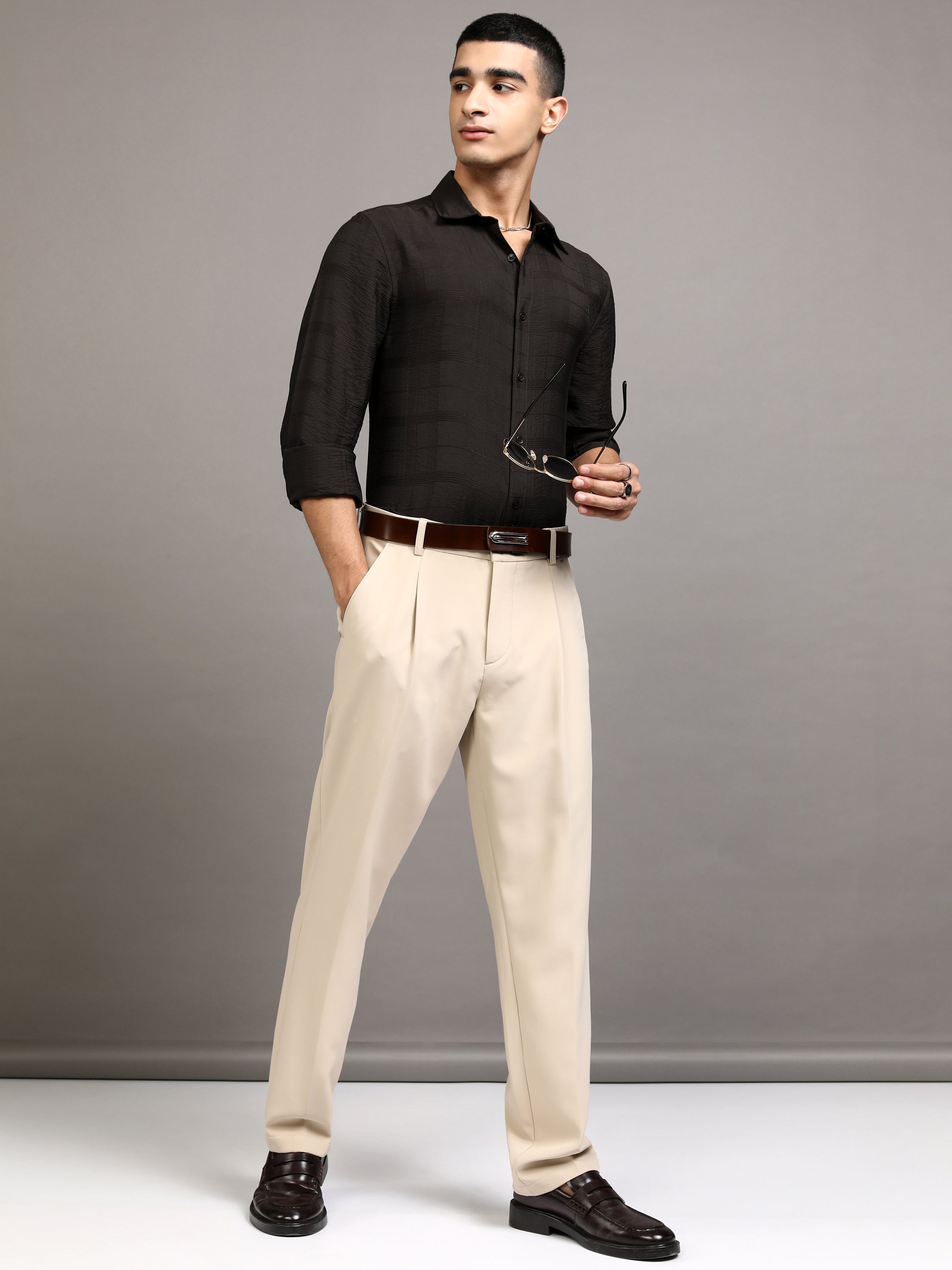 Highlander Men Brown Self Design Slim Fit Casual Shirt - Brown - Image 2