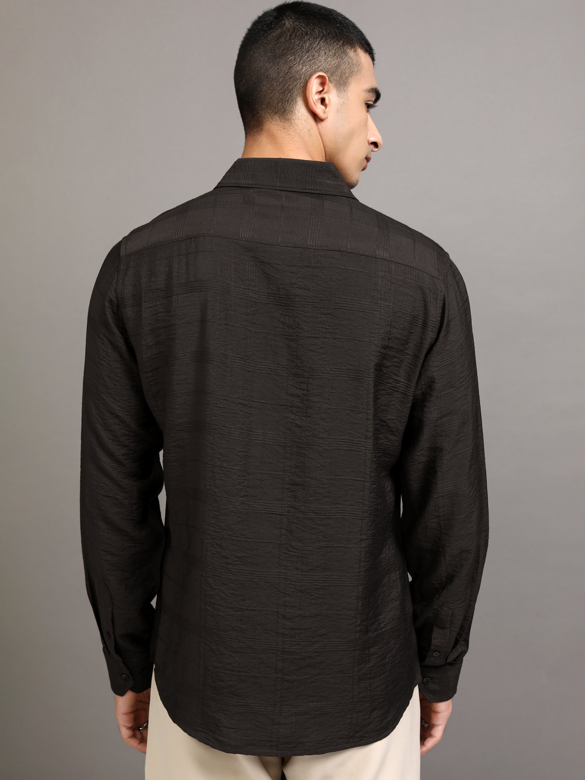 Highlander Men Brown Self Design Slim Fit Casual Shirt - Brown - Image 3