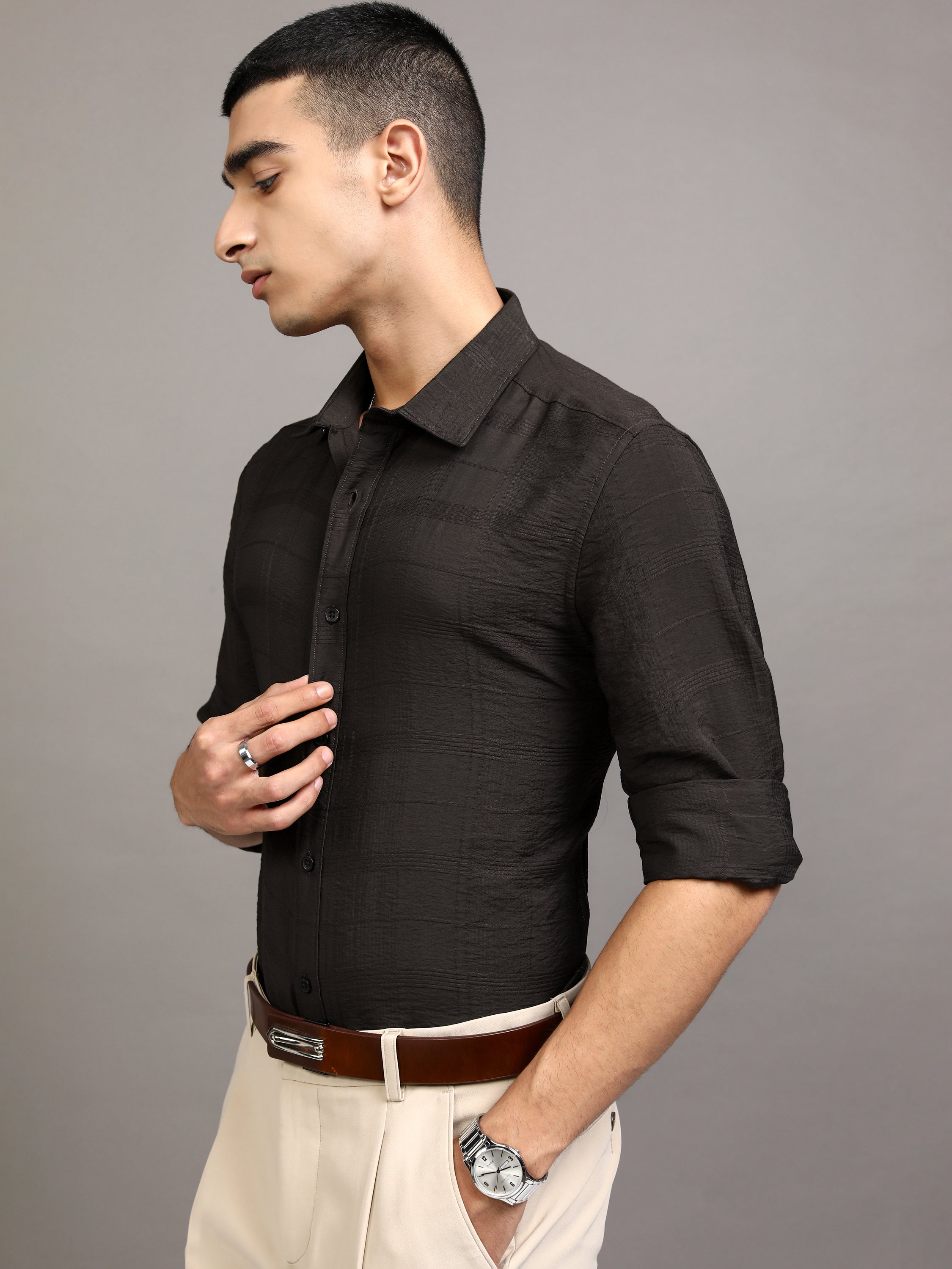 Highlander Men Brown Self Design Slim Fit Casual Shirt - Brown - Image 4