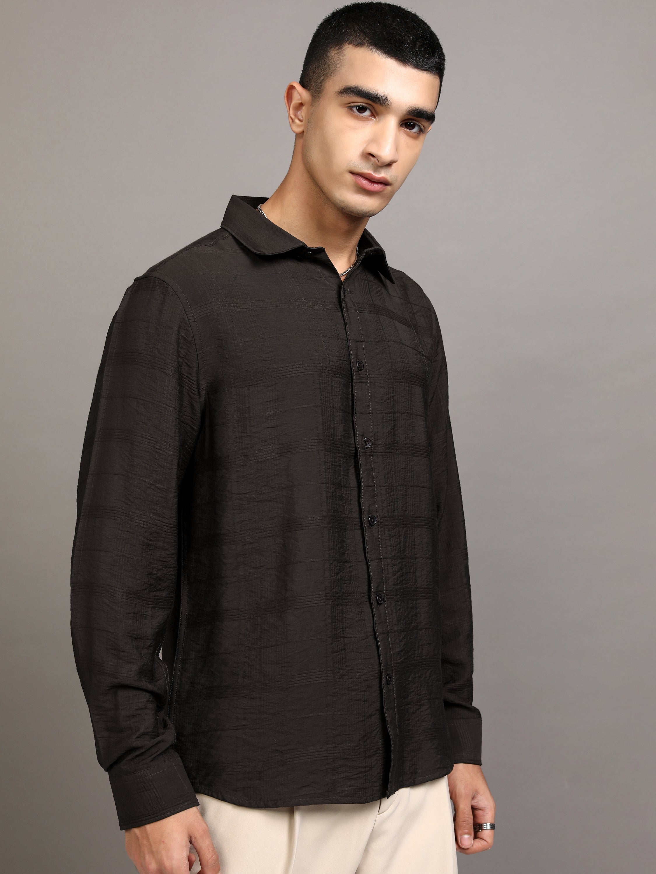 Highlander Men Brown Self Design Slim Fit Casual Shirt - Brown - Image 6
