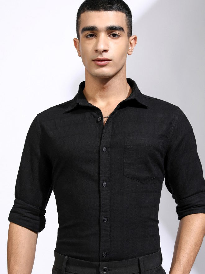 Highlander Men Black Textured Regular Fit Casual Shirt - Black - Image 1