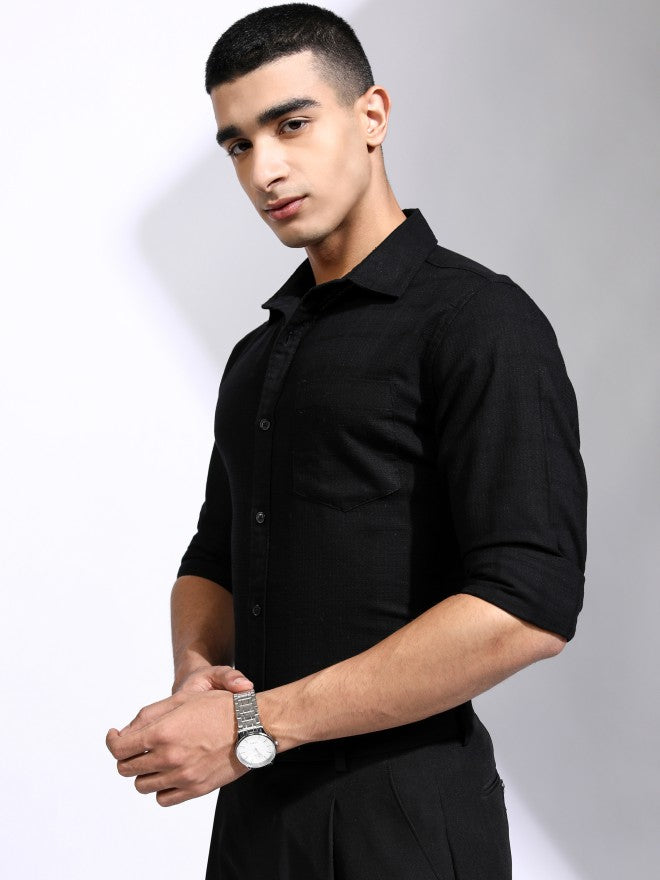 Highlander Men Black Textured Regular Fit Casual Shirt - Black - Image 4