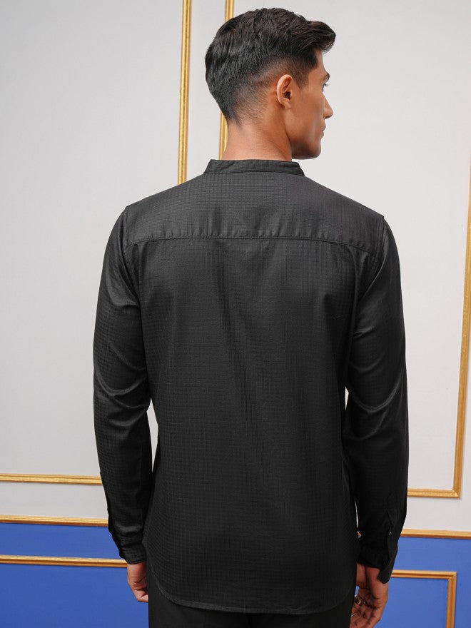 Highlander Men Black Self Design Regular Fit Casual Shirt - Black - Image 3